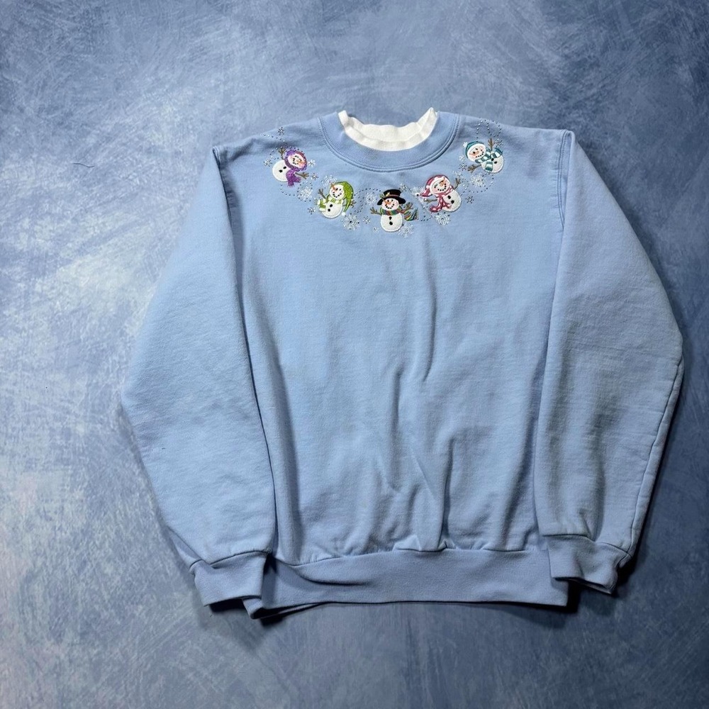 Blue snowman vintage holiday embroidered sweatshirt